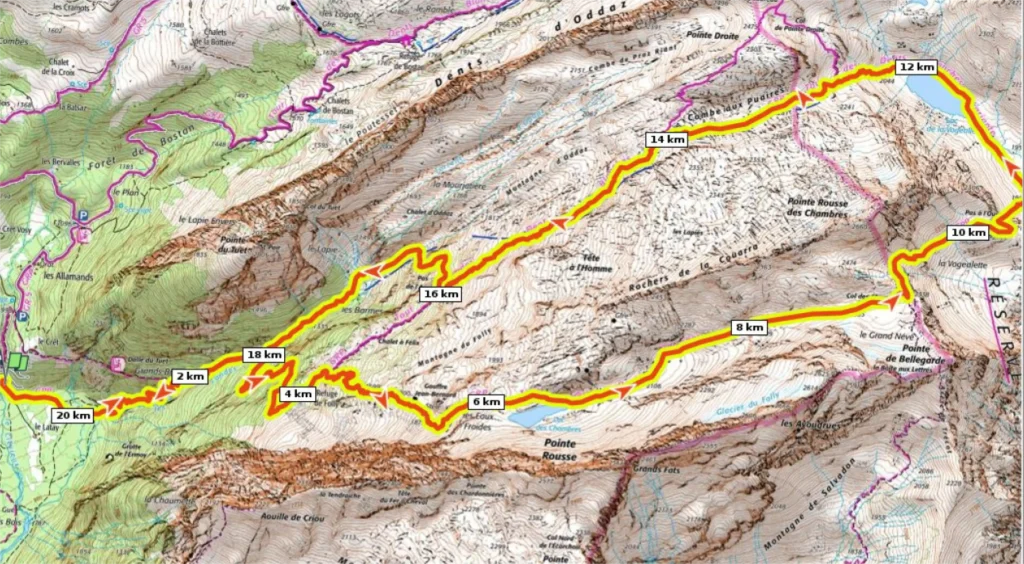 Carte de la rando: parking pied du Crêt - Refuge du Folly - Lac des Chambres - Col des Chambres - Lac de la Vogealle - Combe aux Puaires - Les Barmes
